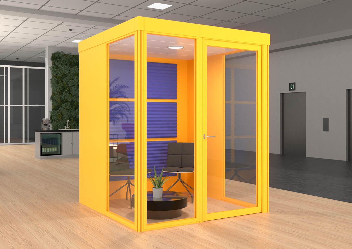 Qube Storm spreekruimte uitgevoerd in de kleur geel voorzien van akoestische viltpanelen